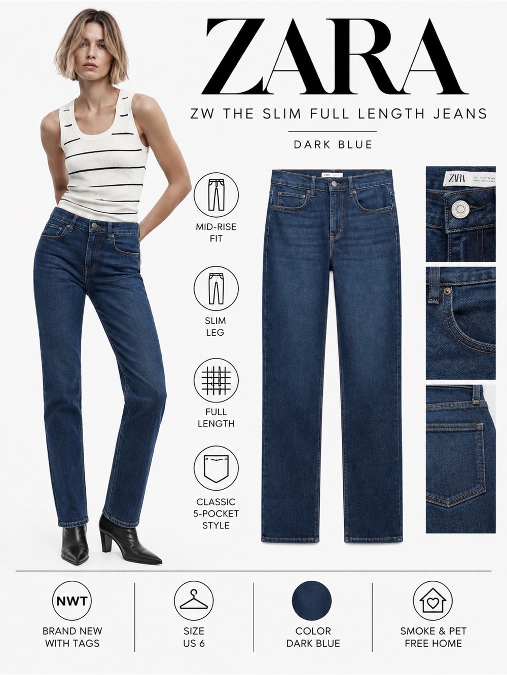 ZARA ZW The Slim Full Length Dark Blue Jeans NWT Size 6